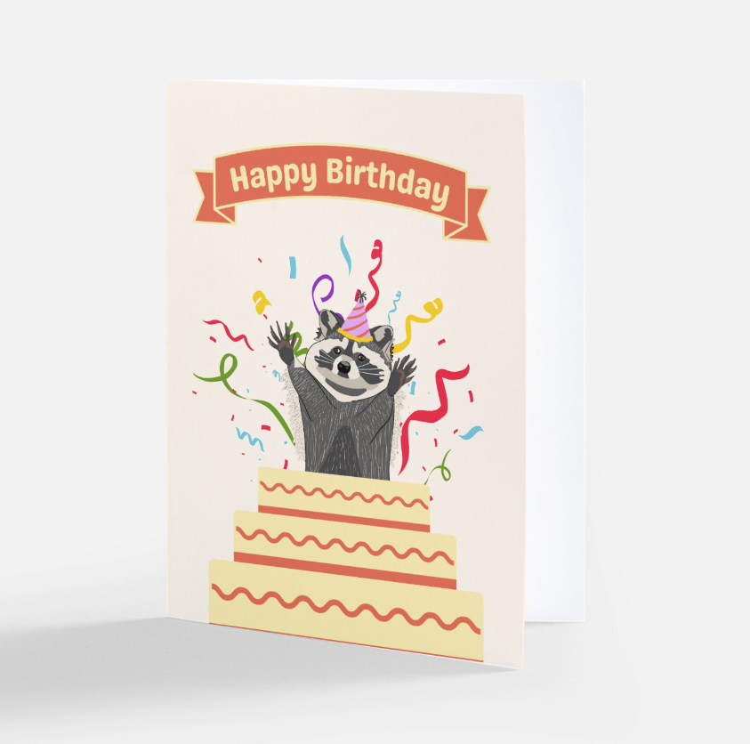 Happy Birthday Raccoon in Cake Card