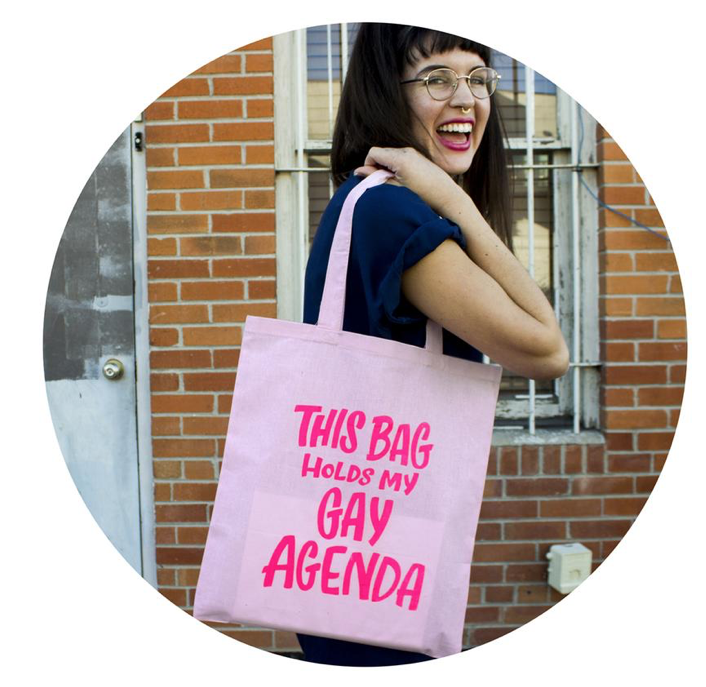 Ladyfingers Letterpress pink tote bag this bag holds my gay agenda